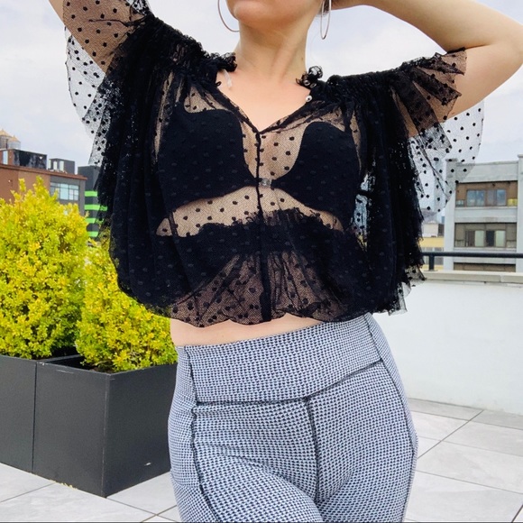 Free People Sheer Polka Dot Tulle Ruffle Cinch Top - Picture 9 of 16